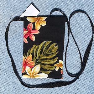 Hawaiian Passport Holder Black Yellow Floral Crossbody New